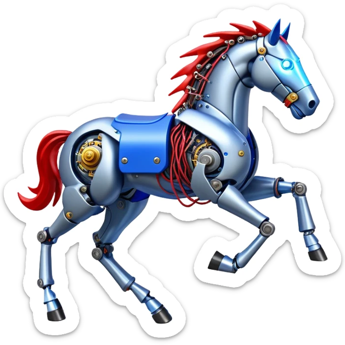 fast electric horse made of electricity, metal plates, bolts, visible blue and red wires, lightning coursing through its body, mechanical hooves sticker