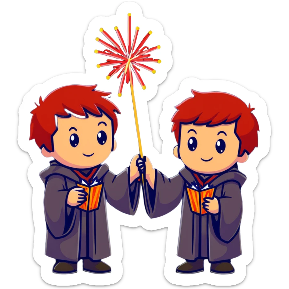 Fred and George Weasley with matching red hair and Gryffindor wizard robes, holding fireworks sticker