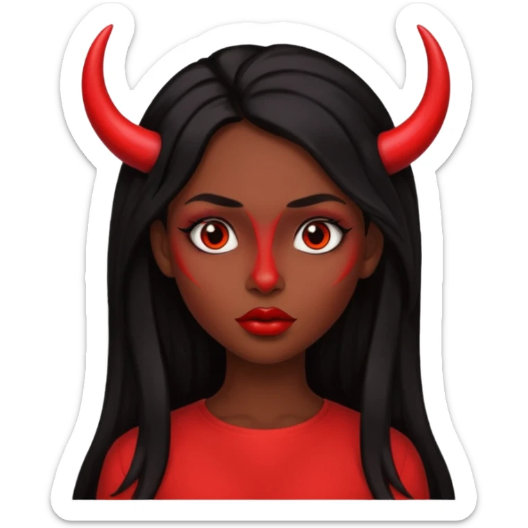 A skin red girl's face with cheekbones, long black hair, small red horns, big lips sticker