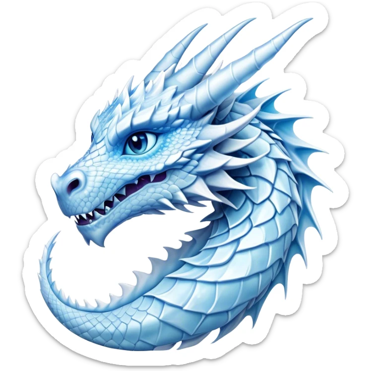Cinematic Noble Beautiful Ice Dragon Portrait Emoji, Poised and majestic, with an ethereal, crystalline body adorned in intricately detailed scales of frosty blues and silvery whites reminiscent of glacial ice and delicate snowflakes, and piercing, cool eyes reflecting winter’s clarity; rendered with lifelike texture and subtle natural highlights, high shine, elegant and formidable, styled with an aura of chilling mythic beauty, focused and serene, soft glowing outline, capturing the essence of a legendary ice sovereign ready to glide gracefully out of the screen with timeless frosty allure! sticker