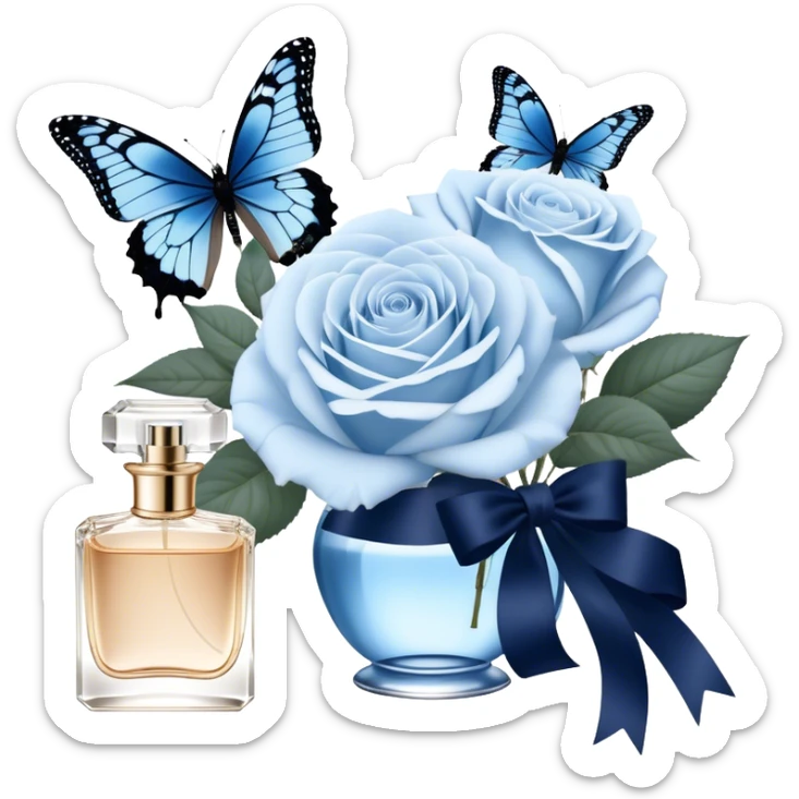 A bouquet of pale blue Ascott tea roses next to a navy aesthetic and a blue beautiful butterfly and a navy silk ribbon and a beautiful flacon of aesthetically pleasing vintage-style perfume in pearl color sticker