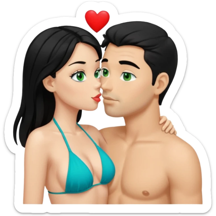 Blonde Queen with crown Green eyes blue Bikini whole body Kissing man black Hair Hearts sticker