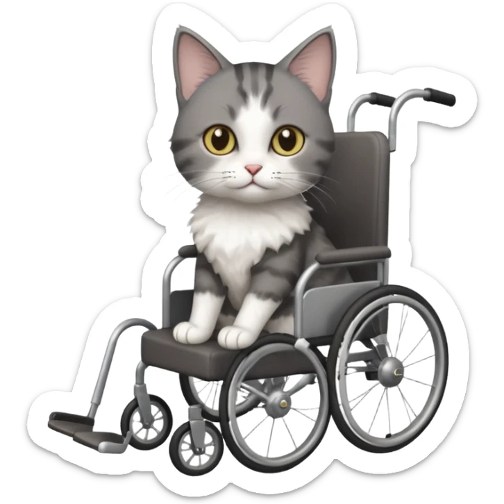 full body small short hair dark grey and white cat with hazel eyes walking in a wheelchair for cats sticker