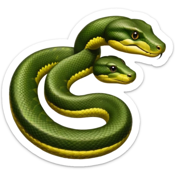 A photo-realistic top-down view of a Green Anaconda tightly coiled in a spiral, with its broad, flat head resting at the center. Its thick, muscular body is olive-green and covered in symmetrical, bold black oval spots that stand out against its smooth scales, creating striking natural camouflage. sticker