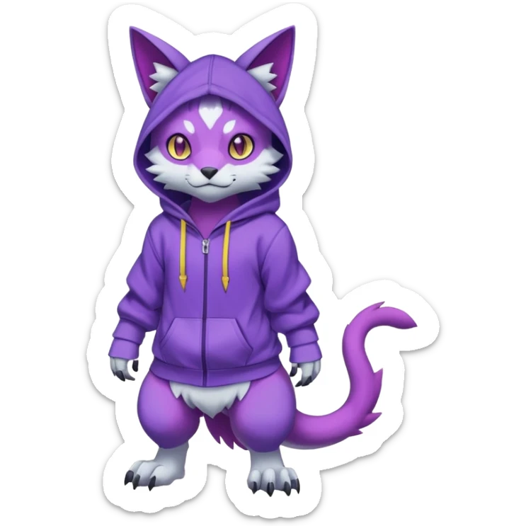 Colorful neon glowing abyssal garurumon-purloin-feline-Fakemon-Digimon-creature wearing a violet hoodie fursona (full body)  sticker