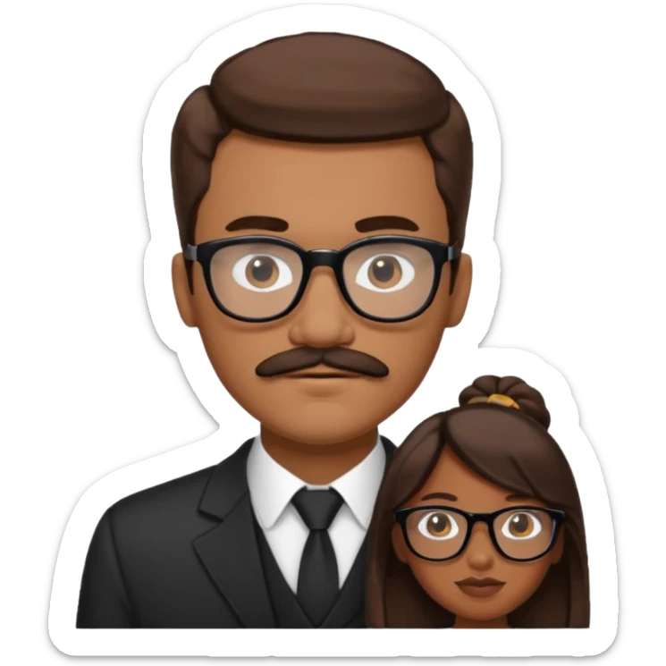 White brown cow boy with black glasses and mustache with a black black girl sticker