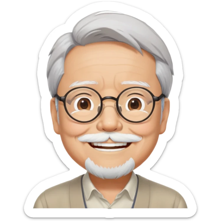 _cinematic-realistic-portrait-of-hayao-miyazaki,-depicted-with--large-rectangular-glasses,-his-happy-expression-rendered-in-lifelike-detail,-illuminated-with-soft,-realistic-lighting-that-emphasizes-his-creative-genius, his eyes shut  closed because of his large smile. eyes are shut sticker