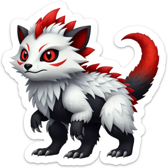a white exotic edgy vernid-fionbr-Fakémon-creature, with black belly and red eyes, full body sticker