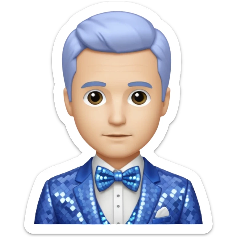 Freddie Prinze Jr with platinum blonde hair, periwinkle sequin suit with bow tie sticker