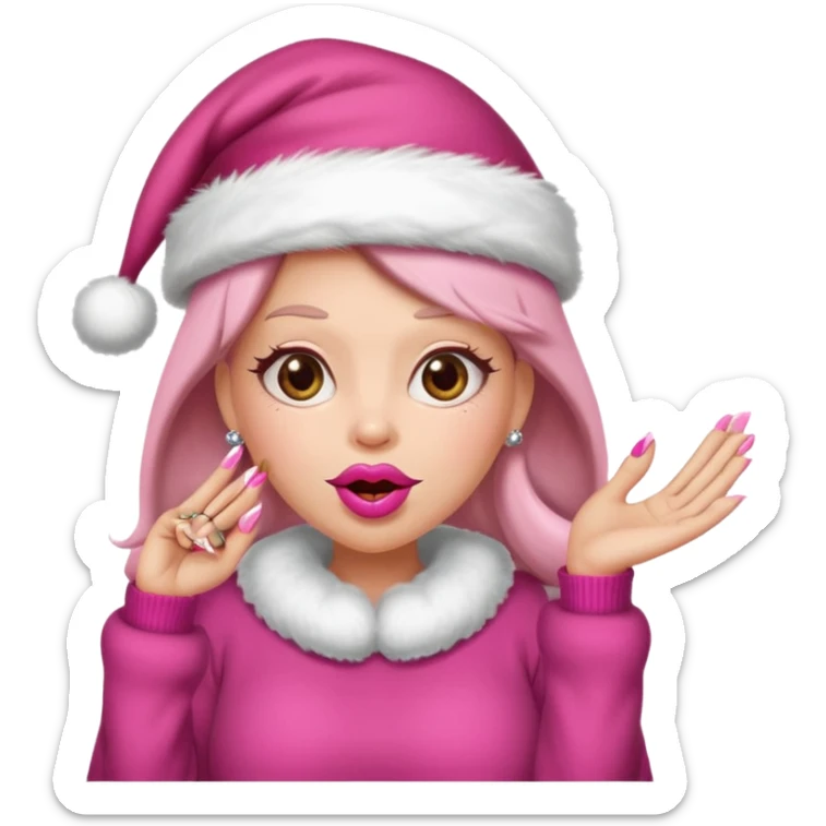 Sassy, cunty, girly Santa emoji with big lips, long nails, pink sweater, and a pink santa hat. sticker