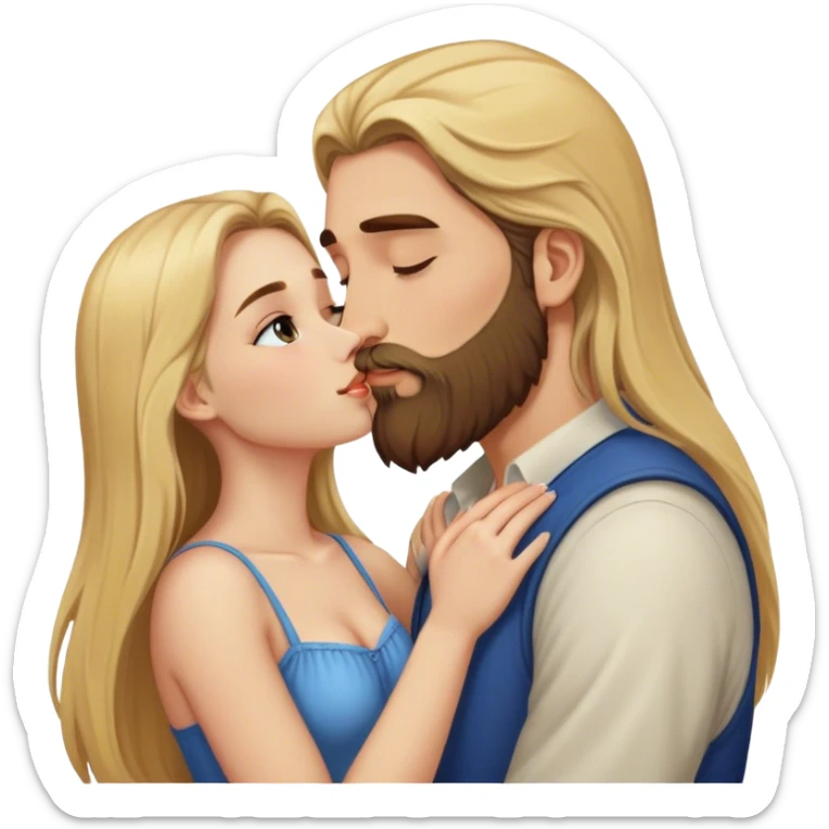 girl with long blonde hair kissing tall man with brown long hair and beard sticker