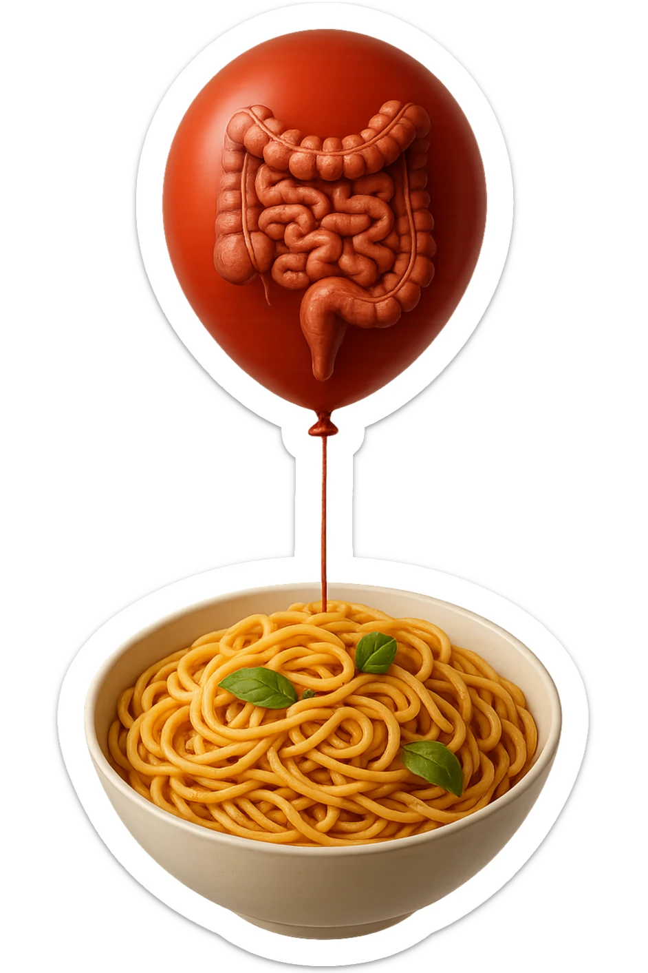 bowl di pasta fluttua in aria insieme ad un palloncino rosso con all'interno un intestino umano anatomico realistico, iperrealistico 4k sticker