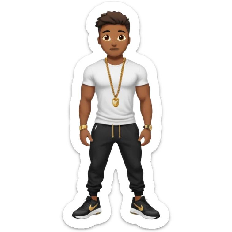 Handsome Black guy with brown skin tone, with muscular build, wearing black sweatpants, a white t-shirt, black Nike air max, a gold rope chain, and a gold watch  sticker