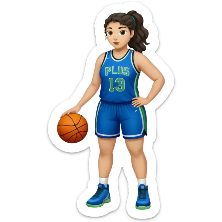 full body plus size light skin  latino women basketball player with wavy dark hair in pony tail wide nose wearing blue uniform with green accent sticker
