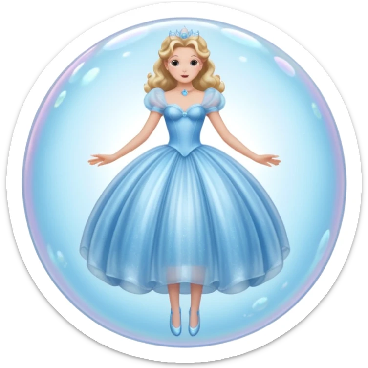 The bubble dress is typically a voluminous ball gown, designed to make Glinda look like she’s literally floating in a bubble. It features:  Pale blue or shimmering white-blue hues  sticker