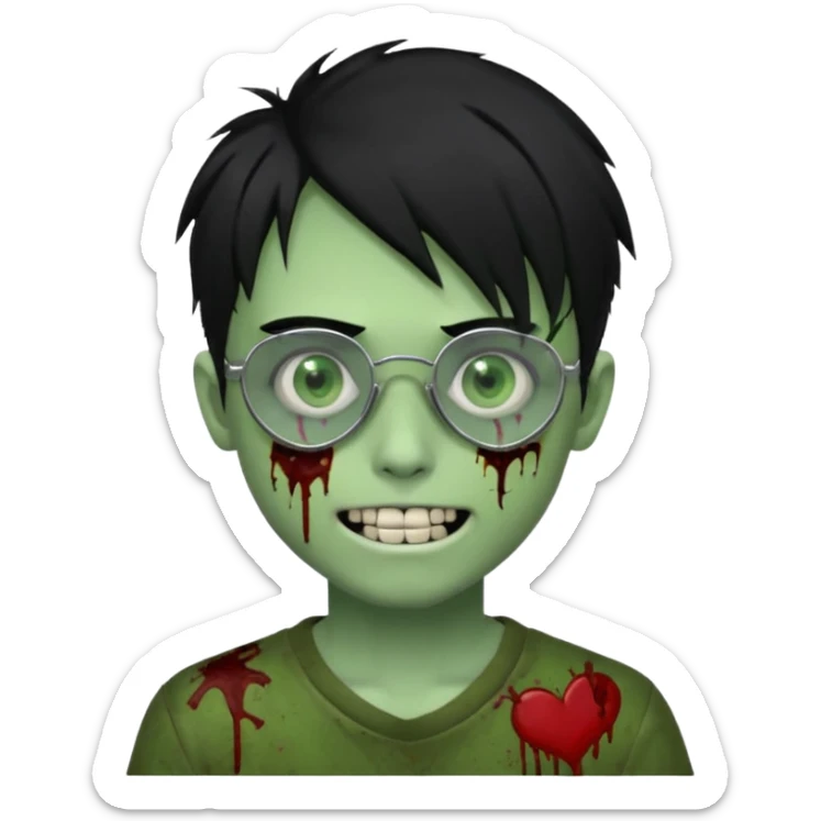 Zombie emo boy, green skin and black hair, chrome heart glasses and a scary smile, scars and blood under eyes sticker