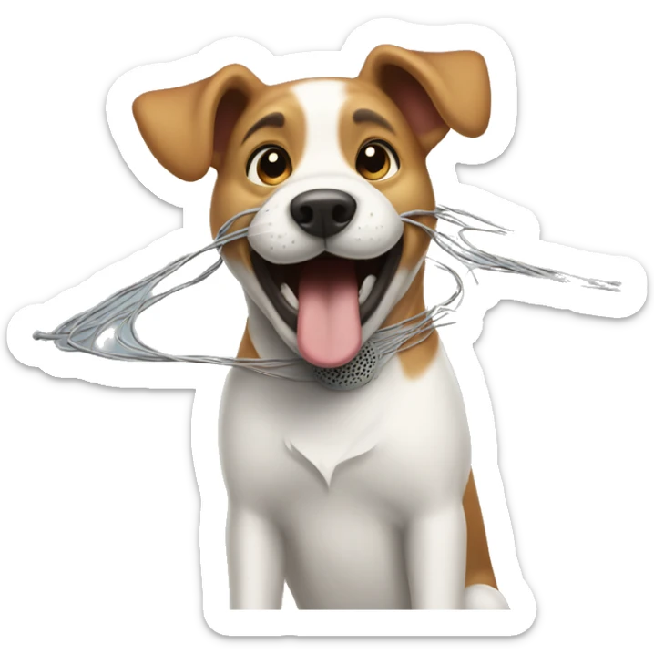 The dog is laughing, accidentally got caught in wires or dropped an instrument. sticker