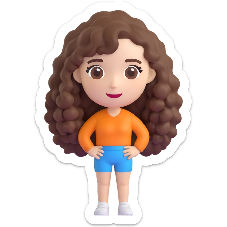 3D cartoon female character with white skin tone, long naturally curly brown hair, playful vibe, Bitmoji-like style, suitable for emoji faces sticker