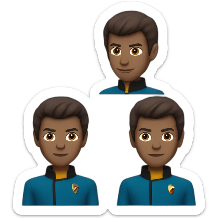 Sri Lankan Spock from Star Trek, chocolate brown skin, short spiky hair, pointy ears, blue jacket sticker