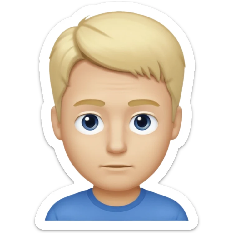 Crée l’emoji d’un homme blond , cheveux court mais un peu de cheveux sur le dessus , yeux bleus , nez avec une bosse, grain de beauté dans le cou. TEE shirt blanc  sticker