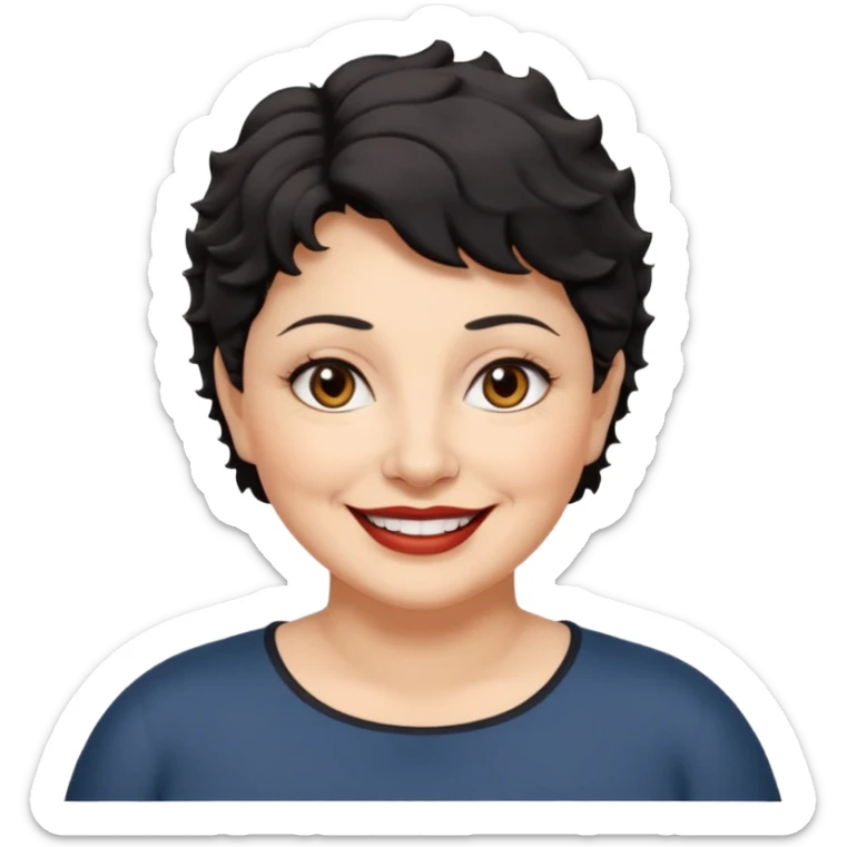 woman 60, brown eyes, very short black wavy wolf cut hair, chubby smile no lipstick sticker