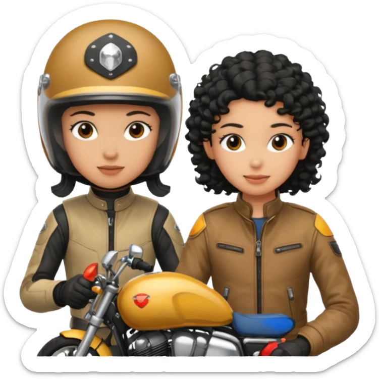 A man motorcyclist and a shorter girl with curly black hair, facing each other. sticker