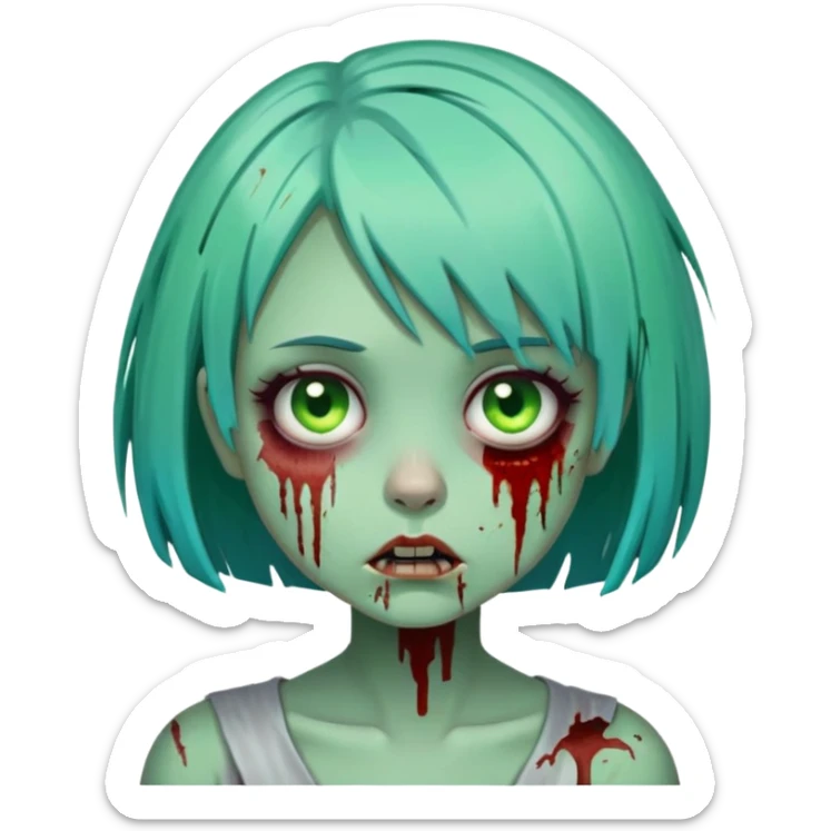 cartoon zombie girl with short turquoise hair bob cut, green decaying skin, bloody scars sticker