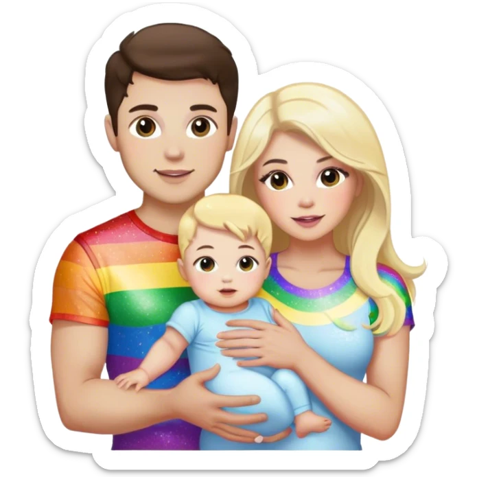 Brunette man and brunette woman with blonde baby gay rainbow glitter pride sticker