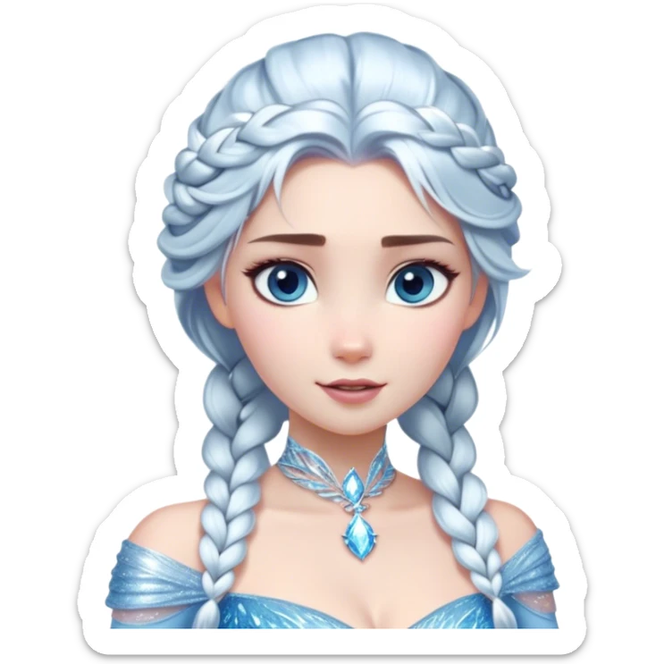 Cinematic Stunning Elsa Portrait Emoji, Ice-blue gown shimmering, platinum hair flowing in a graceful braid, piercing blue eyes glowing with icy magic, an aura of regal power and breathtaking beauty, frozen elegance at its finest! sticker