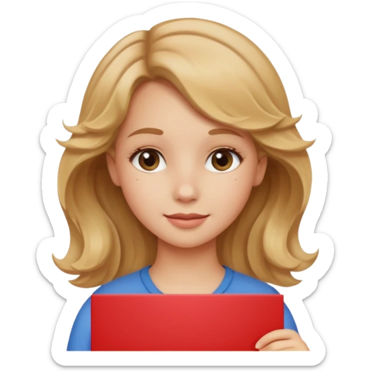 Can you make her more browny blonde with a slight curl in her hair with rosy cheeks holding a sign saying good girl  sticker