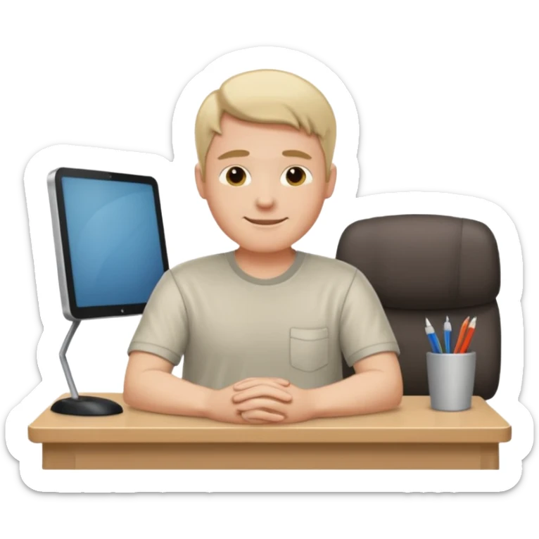 A man wearing a shirt with slumped posture, sitting at a desk, iOS emoji style sticker