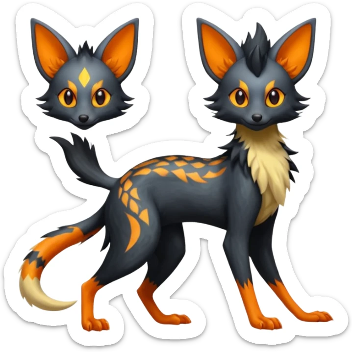 Lykoi-Fennekin-Electrike-Luxray-fusion-hybrid-animal-Fakémon-creature, full body, thin long sleek scaly tail, intricate markings sticker