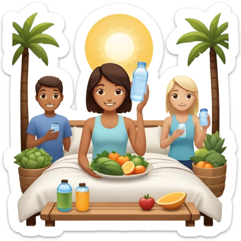 A person in the sun, with a plate of whole foods, water bottle, and glowing bed behind them. Nearby, smiling friends gather—symbolizing balance, healing, and connection through simple daily rituals. sticker