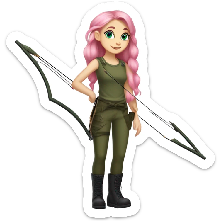 girl holding bow and arrow, long pink hair, blue eyes, white skin, army green cargo pants, black tank top, black combat boots, elf ears sticker