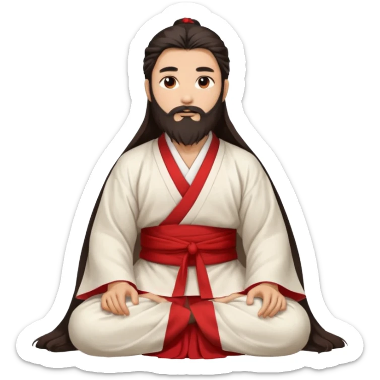 Beautiful man with lightly tan skin and dark long beard, long hair, in white and red Hanfu sitting on the ground sticker