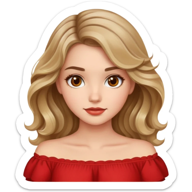 a beautiful girl with wavy and dark blond hair and her eyes are brown. The girl from once has a beautiful red blouse in which from the shoulders starts  sticker