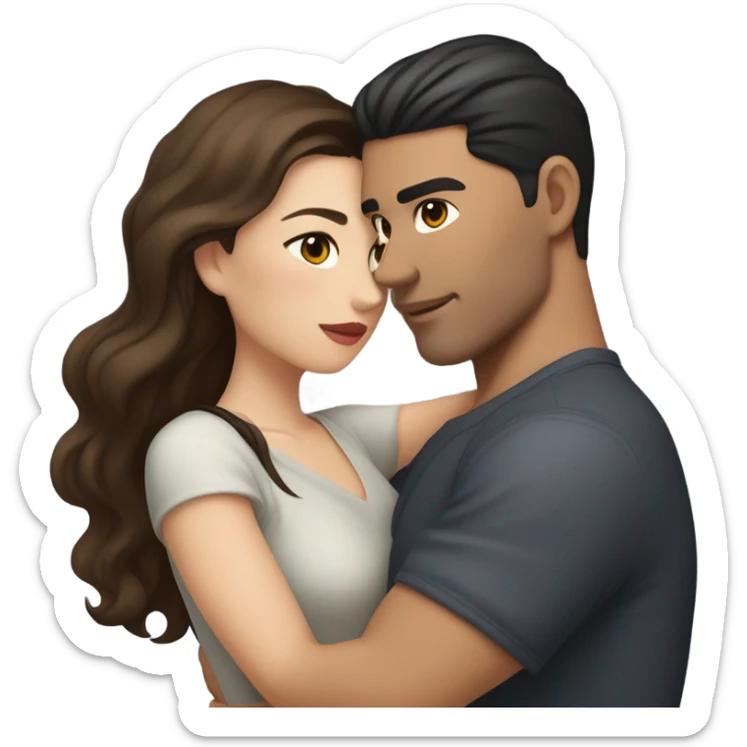 A pale half Asian man with short dark hair and amber eyes embracing and loving a white woman with long wavy brunette hair and dark hazel eyes. They love each other a lot And have good fashion taste and are hugging each other tight  sticker