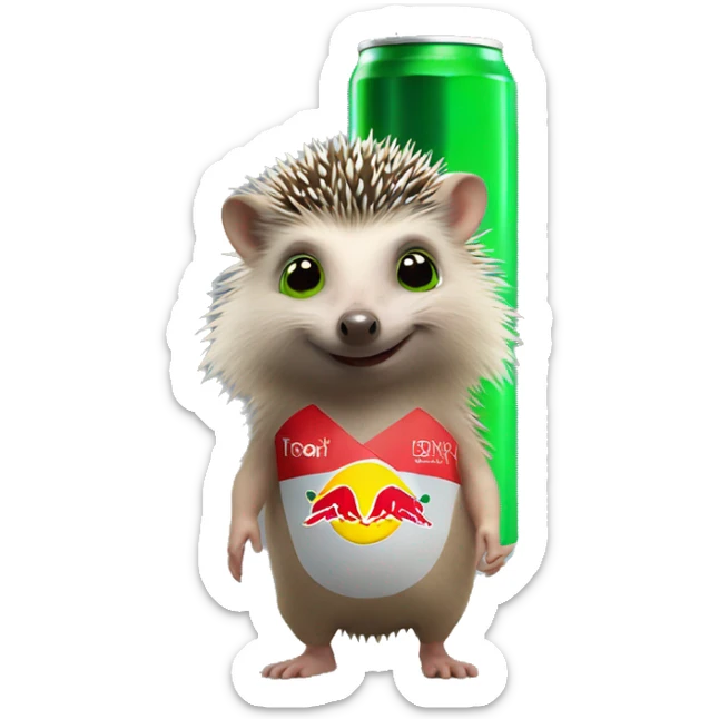 Cute little Hedgehog with green eyes and a Red Bull energy drink  sticker