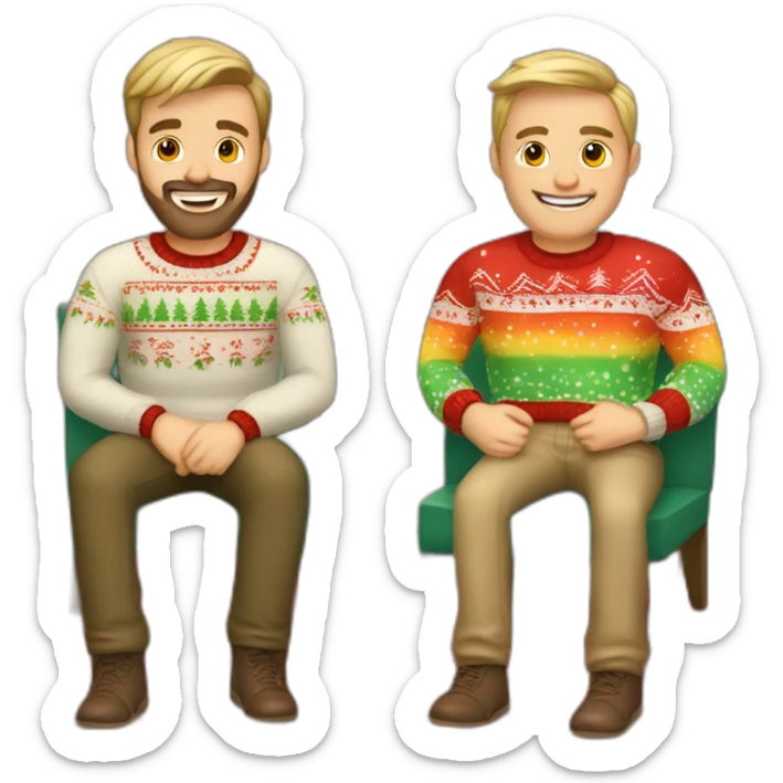 gay couple sitting in christmas sweathers. Left guy blond with beard and right guy brown faded haircut sticker