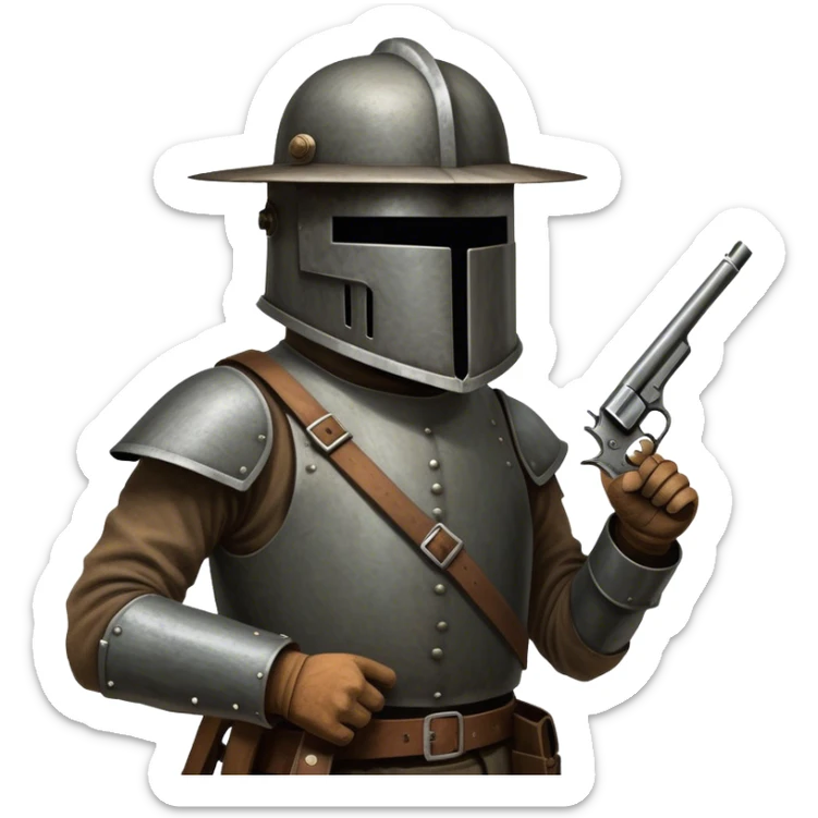 Cinematic Realistic Ned Kelly Portrait Emoji, depicted as the legendary Australian bushranger in his iconic homemade iron helmet and armor, gripping a revolver with a defiant stance. The scene is rendered with gritty textures and dramatic, shadowed lighting, evoking the lawless frontier and his rebellious, fearless legacy. sticker