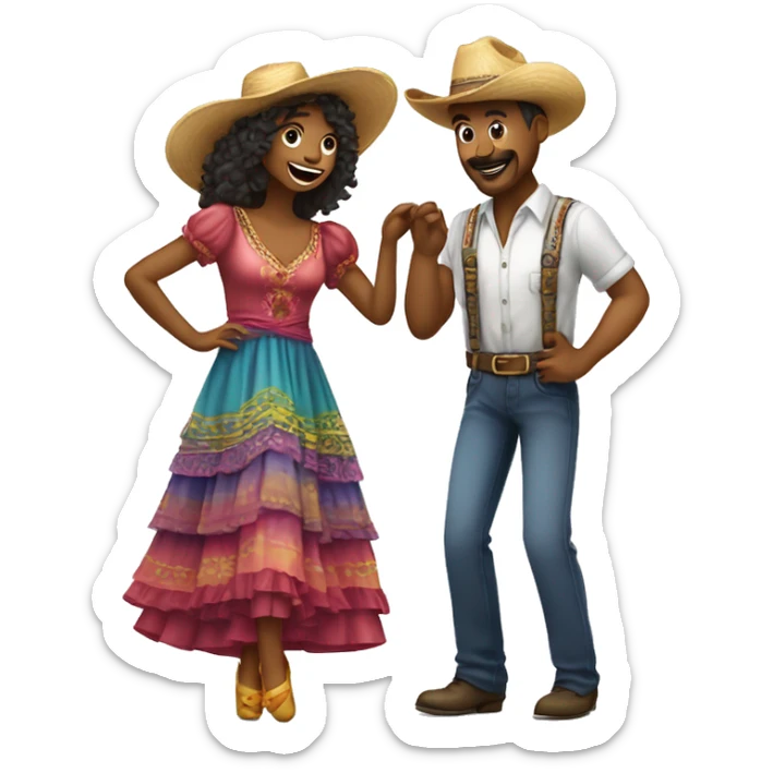 casal dançando usando chapéu de palha e roupas coloridas em festa country sticker