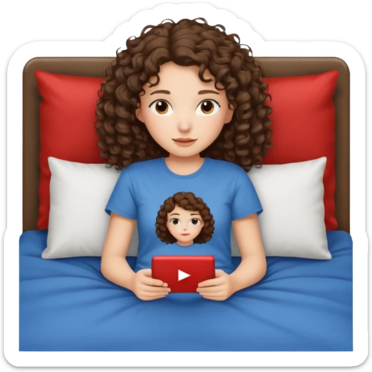 A girl, brunette with curly hair down to her shoulders, watching TV. Have her lie down on the bed, and put on Netflix on the TV. She walks by with her back to the camera, looking at the TV. sticker