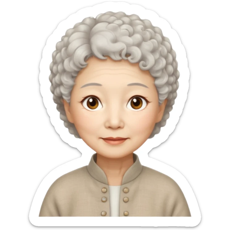 Chinese woman 70 years old, warm serene expression, short white curly hair, brown eyes, simple linen clothes sticker