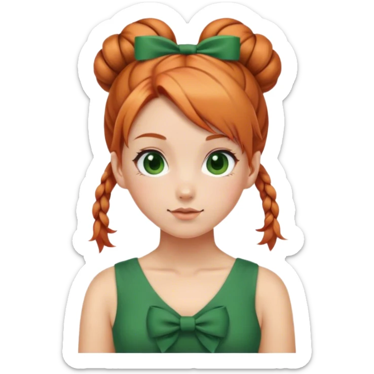 school girl with  1 bunns bow   red blond mix hair  in green dress  sticker