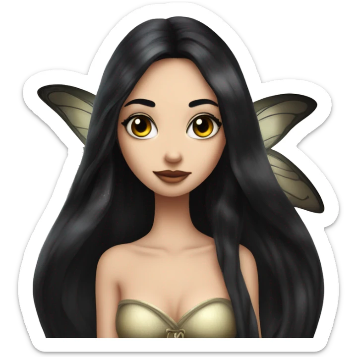 fairy with long, flowing black hair. She is slender with an hourglass figure and has strikingly large, expressive eyes. The fairy is applying black mascara to her long lashes, showcasing her beauty and elegance sticker