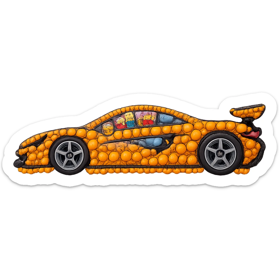 Recreate the orange McLaren P1 as a collage composed of various standard emojis arranged to form the shape of the car. Keep the background transparent. The style should resemble a creative emoji mosaic representation of the car. sticker