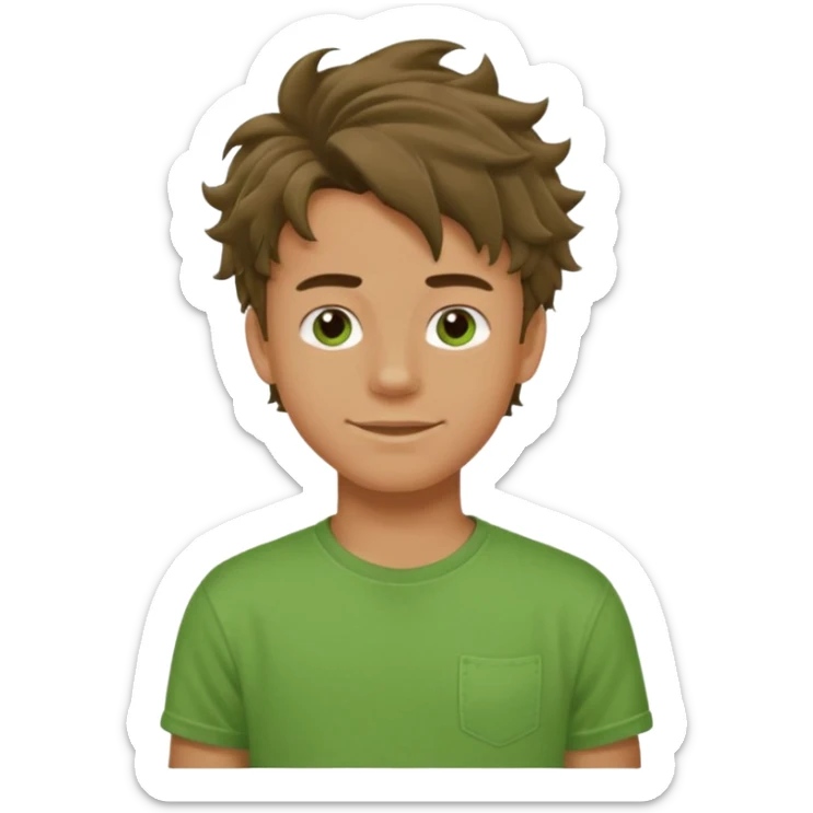 A teenage boy, tanned, wearing a green t-shirt , blue jeans and green sneakers with brown wavy tousled hair, smirking sticker