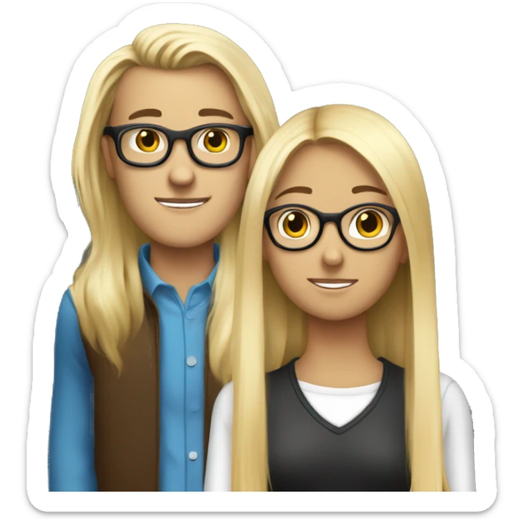 A Swedish girl with blonde long hair in a ponytail who loves an English tall skinny guy with rectangular black glasses and  shoulder length brown hair sticker
