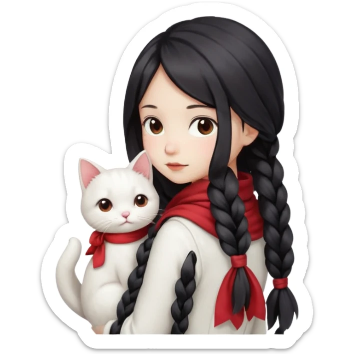 girl with long dark braid and bow, red scarf, white dress, holding white cat on shoulder, seen from behind, field and sunset background, smooth glossy texture, soft lighting, kawaii style sticker