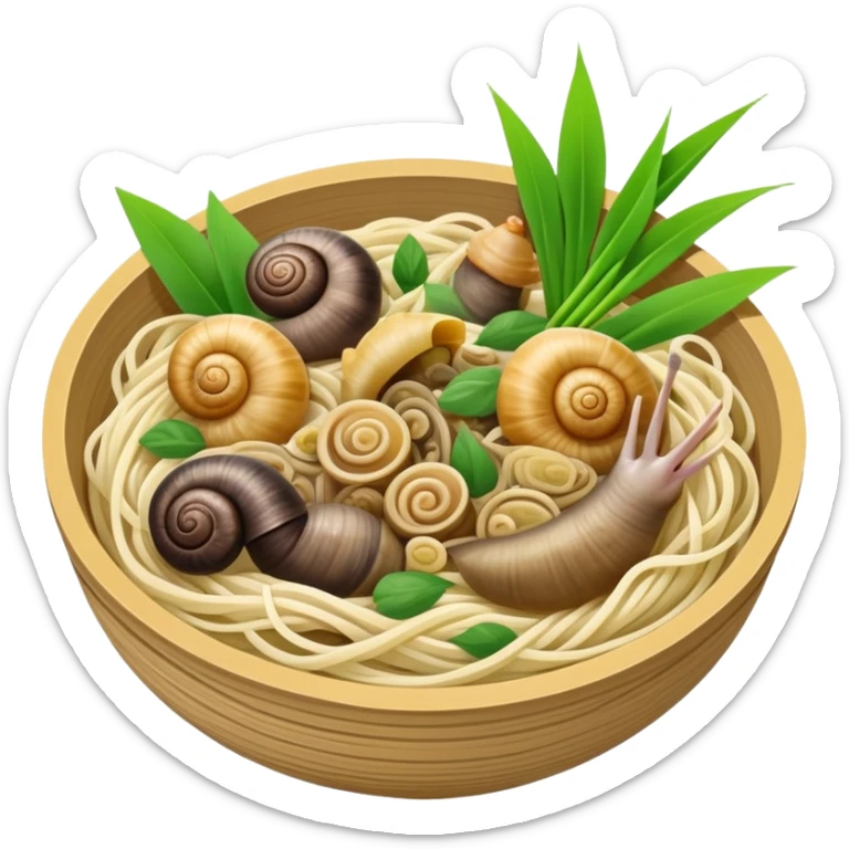 Liuzhou Snail Rice Noodles with river snails and sour bamboo, simplified emoji style with bold outlines and bright colors, cartoon style Guangxi Luosifen sticker